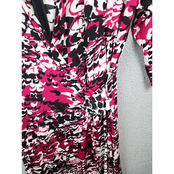 Rena Lange Pink Black White Abstract Print Dress US 12 EU 38 Ruched V Neck Chic - Picture 6 of 13